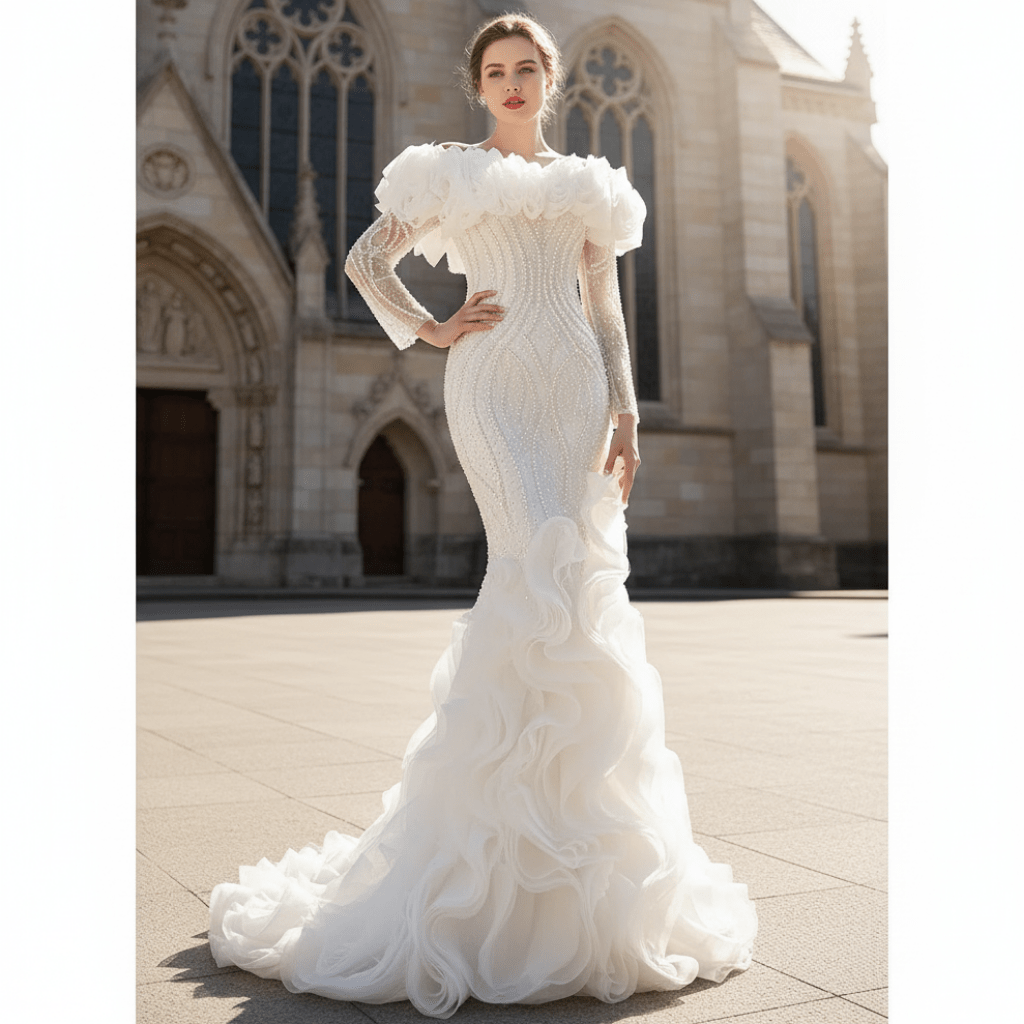 Mermaid Ruffle Wedding Dress with Off the Shoulder Long Sleeves - Rosymae