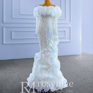 Mermaid Ruffle Wedding Dress with Off the Shoulder Long Sleeves - Rosymae