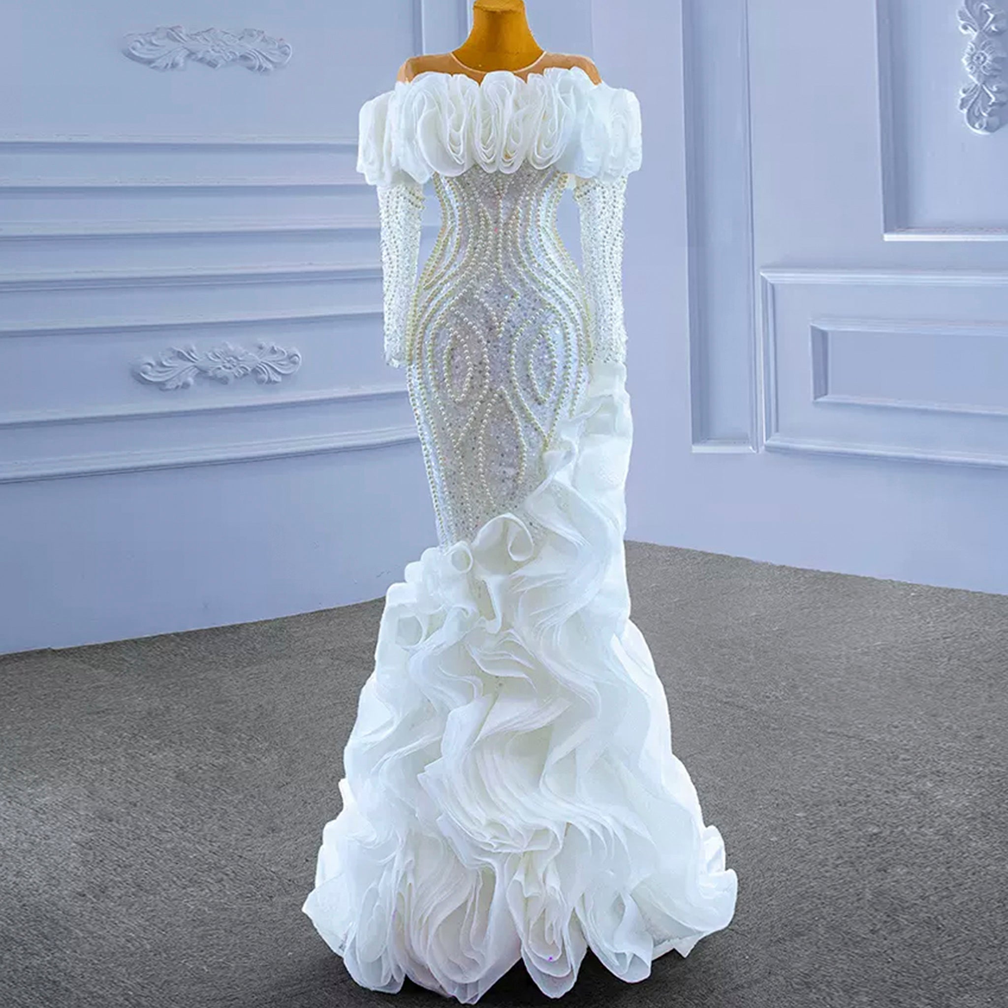 Mermaid Ruffle Wedding Dress with Off the Shoulder Long Sleeves - Rosymae