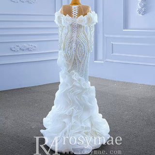 Mermaid Ruffle Wedding Dress with Off the Shoulder Long Sleeves - Rosymae