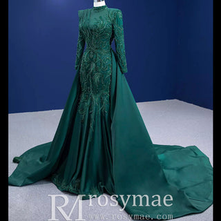 Mermaid Satin Long Sleeve Arab Prom Dress Detachable Train - Rosymae