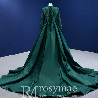 Mermaid Satin Long Sleeve Arab Prom Dress Detachable Train - Rosymae