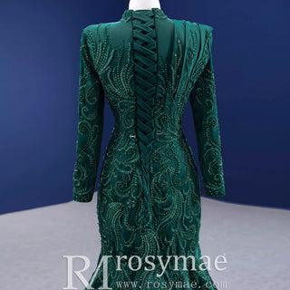 Mermaid Satin Long Sleeve Arab Prom Dress Detachable Train - Rosymae