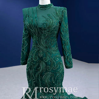 Mermaid Satin Long Sleeve Arab Prom Dress Detachable Train - Rosymae