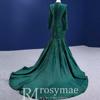 Mermaid Satin Long Sleeve Arab Prom Dress Detachable Train - Rosymae
