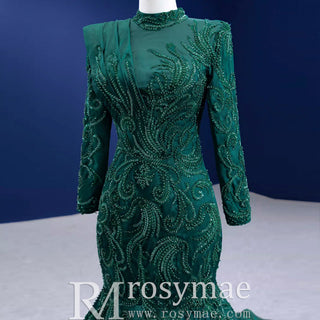 Mermaid Satin Long Sleeve Arab Prom Dress Detachable Train - Rosymae