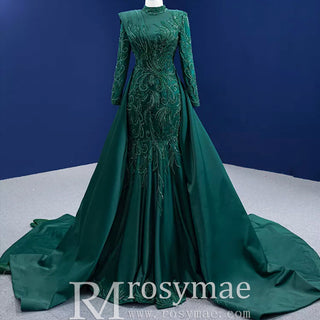 Mermaid Satin Long Sleeve Arab Prom Dress Detachable Train - Rosymae