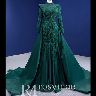 Mermaid Satin Long Sleeve Arab Prom Dress Detachable Train - Rosymae