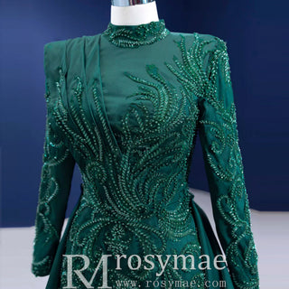 Mermaid Satin Long Sleeve Arab Prom Dress Detachable Train - Rosymae