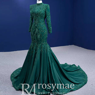 Mermaid Satin Long Sleeve Arab Prom Dress Detachable Train - Rosymae