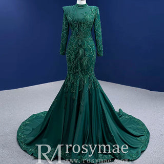 Mermaid Satin Long Sleeve Arab Prom Dress Detachable Train - Rosymae