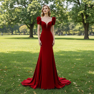 Mermaid Satin Red Bridesmaid Dresses with Puffy Short Sleeves Red / 14