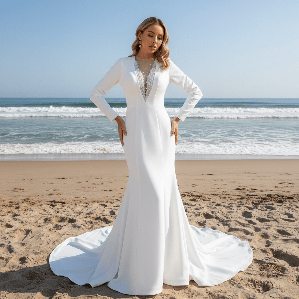 Mermaid Satin Wedding Dress with V Neck and Long Sleeves - Rosymae