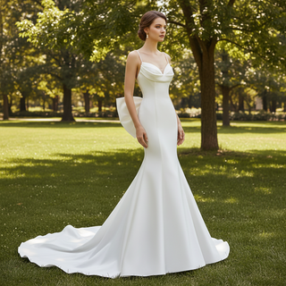 Simple Mermaid Trumpet Satin Wedding Dress with Open Back