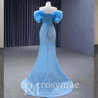 Mermaid See Through Ruffle Short Sleeves Sweep Train Prom Formal Dresses - Rosymae
