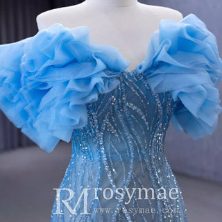 Mermaid See Through Ruffle Short Sleeves Sweep Train Prom Formal Dresses - Rosymae