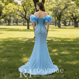 Mermaid See Through Ruffle Short Sleeves Sweep Train Prom Formal Dresses - Rosymae