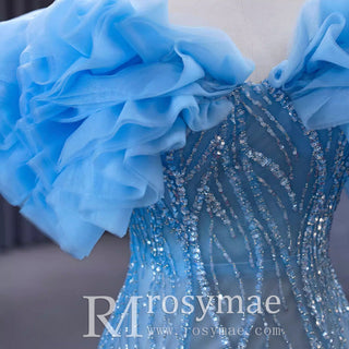 Mermaid See Through Ruffle Short Sleeves Sweep Train Prom Formal Dresses - Rosymae