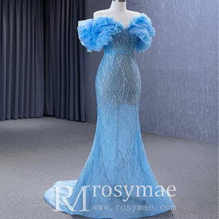 Mermaid See Through Ruffle Short Sleeves Sweep Train Prom Formal Dresses - Rosymae