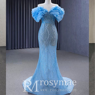 Mermaid See Through Ruffle Short Sleeves Sweep Train Prom Formal Dresses - Rosymae