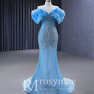 Mermaid See Through Ruffle Short Sleeves Sweep Train Prom Formal Dresses - Rosymae