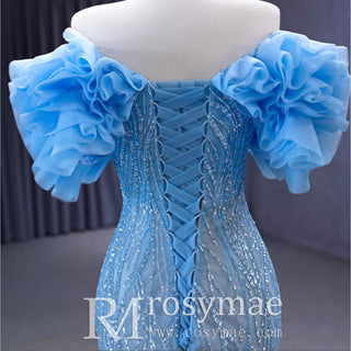 Mermaid See Through Ruffle Short Sleeves Sweep Train Prom Formal Dresses - Rosymae