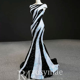 Mermaid Sequins Cap Sleeve Prom Dress Sparkly Evening Gown - Rosymae