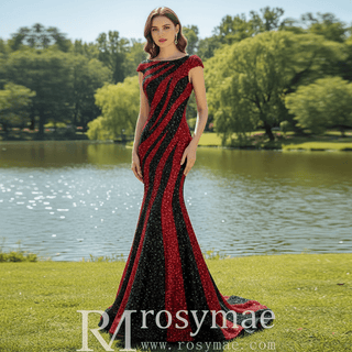 Mermaid Sequins Cap Sleeve Prom Dress Sparkly Evening Gown - Rosymae