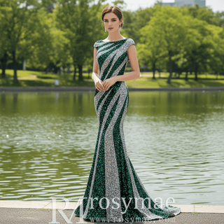 Mermaid Sequins Cap Sleeve Prom Dress Sparkly Evening Gown - Rosymae