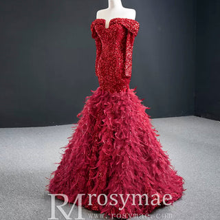 Mermaid Sequins Off Shoulder Long Sleeve Prom Dress With Feather - Rosymae