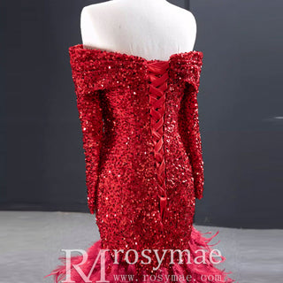 Mermaid Sequins Off Shoulder Long Sleeve Prom Dress With Feather - Rosymae