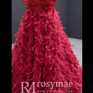 Mermaid Sequins Off Shoulder Long Sleeve Prom Dress With Feather - Rosymae
