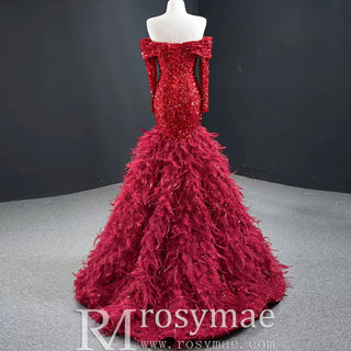 Mermaid Sequins Off Shoulder Long Sleeve Prom Dress With Feather - Rosymae