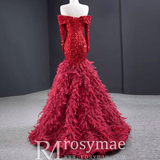 Mermaid Sequins Off Shoulder Long Sleeve Prom Dress With Feather - Rosymae