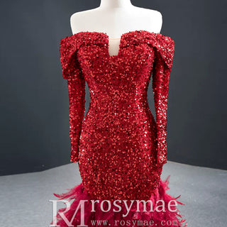 Mermaid Sequins Off Shoulder Long Sleeve Prom Dress With Feather - Rosymae
