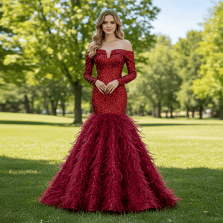 Mermaid Sequins Off Shoulder Long Sleeve Prom Dress With Feather - Rosymae