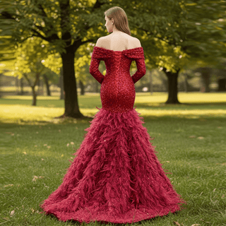 Mermaid Sequins Off Shoulder Long Sleeve Prom Dress With Feather - Rosymae
