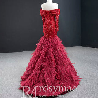 Mermaid Sequins Off Shoulder Long Sleeve Prom Dress With Feather - Rosymae