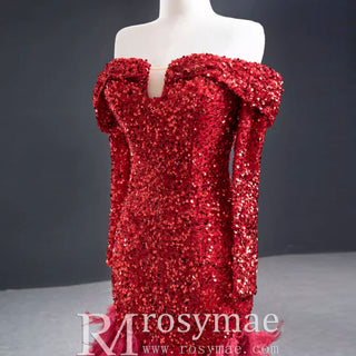 Mermaid Sequins Off Shoulder Long Sleeve Prom Dress With Feather - Rosymae