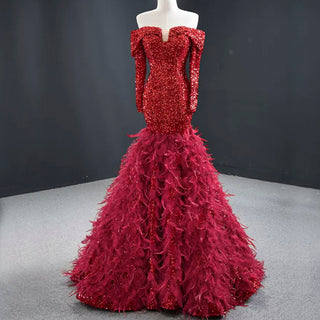 Mermaid Sequins Off Shoulder Long Sleeve Prom Dress With Feather - Rosymae