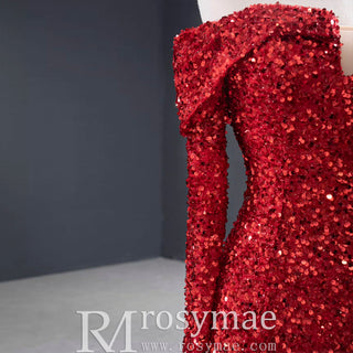 Mermaid Sequins Off Shoulder Long Sleeve Prom Dress With Feather - Rosymae
