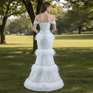 Mermaid Sequins Off the Shoulder Wedding Dress with Feather - Rosymae