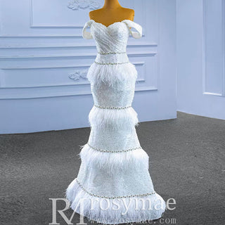 Mermaid Sequins Off the Shoulder Wedding Dress with Feather - Rosymae