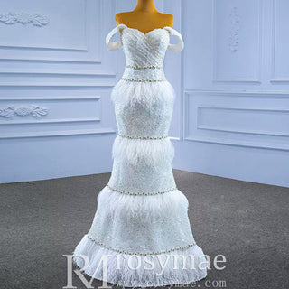 Mermaid Sequins Off the Shoulder Wedding Dress with Feather - Rosymae