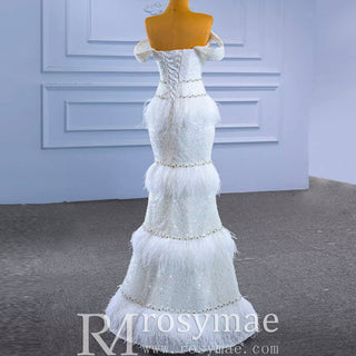 Mermaid Sequins Off the Shoulder Wedding Dress with Feather - Rosymae