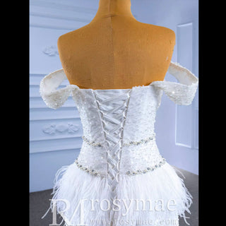 Mermaid Sequins Off the Shoulder Wedding Dress with Feather - Rosymae