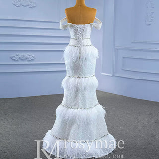 Mermaid Sequins Off the Shoulder Wedding Dress with Feather - Rosymae