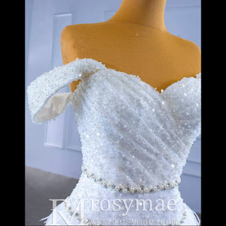 Mermaid Sequins Off the Shoulder Wedding Dress with Feather - Rosymae