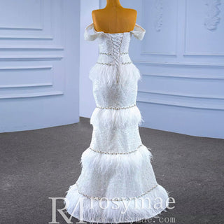 Mermaid Sequins Off the Shoulder Wedding Dress with Feather - Rosymae