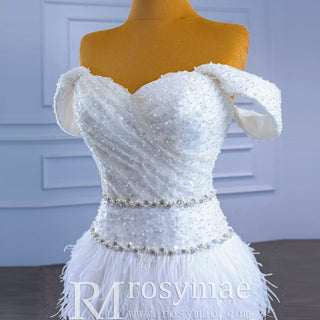 Mermaid Sequins Off the Shoulder Wedding Dress with Feather - Rosymae